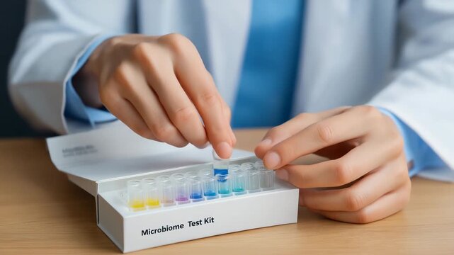 A person is holding a Microbione Test Kit. The kit contains a box of test tubes. Closeup of hand opening microbiome test kit box, gut microbiome test, clean bright white clinical