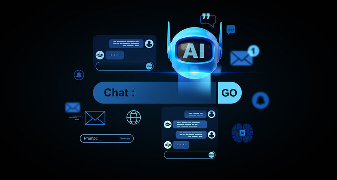 Futuristic chatbot interface with AI robot head, digital messages, and chat icons on dark background representing artificial intelligence communication. 3D Rendering - Powered by Adobe