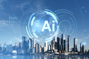 Futuristic AI interface concept over Hudson Yards skyline in Manhattan, New York with digital technology overlay and modern cityscape reflection.