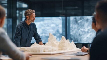 Architectural design meeting A team collaborates over a detailed 3D model, discussing innovative building plans and urban development. Represents teamwork, innovation, and planning.