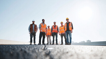 A team of construction workers standing on a new road. Represents teamwork, expertise, and progress. Ideal for infrastructure, construction, or labor themes. Strong, confident.