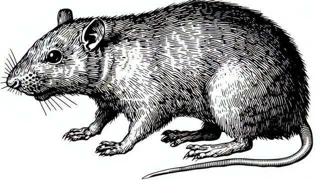 A detailed, black and white sketch of a rat in profile, showcasing its fur texture and long tail, against a plain, isolated background.