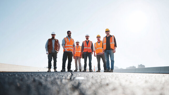 A team of construction workers standing on a new road. Represents teamwork, expertise, and progress. Ideal for infrastructure, construction, or labor themes. Strong, confident.