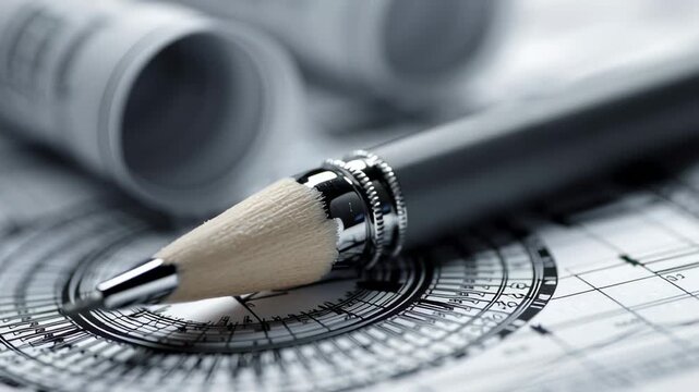 A close-up of a drafting pencil lying on technical drawings and blueprints. The paper is covered with architectural sketches and plans for a project.