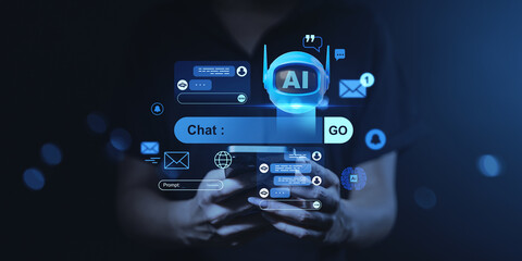 Hands holding smartphone with floating futuristic chatbot interface and glowing AI elements on dark blue background, representing digital conversation concept.