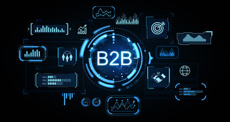 Futuristic B2B digital interface with data analytics and business communication icons concept on dark background in glowing blue style. 3D Rendering