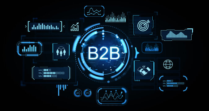 Futuristic B2B digital interface with data analytics and business communication icons concept on dark background in glowing blue style. 3D Rendering - Powered by Adobe