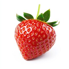 Single, vibrant red strawberry, glossy surface, tiny seeds, green leaves