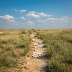 A path winds through a vast, dry grassland under a clear sky