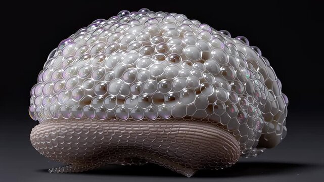 A stylized brain is made of many connected bubbles and a textured base. This abstract animation represents thoughts, memory, and brain activity.