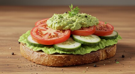 Delicious open-faced sandwich with fresh ingredients on wooden table