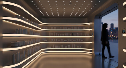 Futuristic automated store for retail shopping, the future of retail concept, a futuristic automated store with smart technology and glowing shelves for convenient shopping.