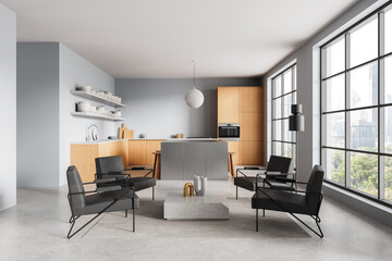 Modern kitchen interior with minimalist furniture, large windows, and wooden cabinetry in a bright open space design. 3D Rendering. 3D Rendering