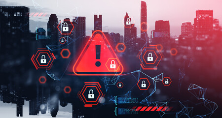 Cybersecurity alert concept with red warning symbol and padlock icons over digital city skyline background in futuristic graphic style.