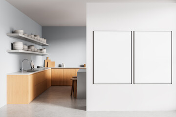 Contemporary kitchen interior with blank posters on wall for design mockup template in modern minimalist home decor setting. 3D Rendering