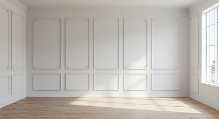 Fototapeta premium Empty Room with White Paneled Walls and Hardwood Floor
