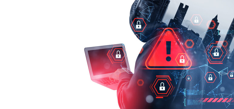 Cybersecurity threat concept with hacker using laptop and red warning symbols over double exposure of city skyline and digital lock icons on white background. - Powered by Adobe