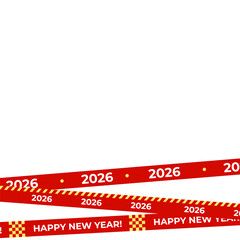 Red and yellow 2026 Happy New Year ribbon set. Crossing decorative bands for holiday design, social media, party visuals, print. Flat vector illustration.