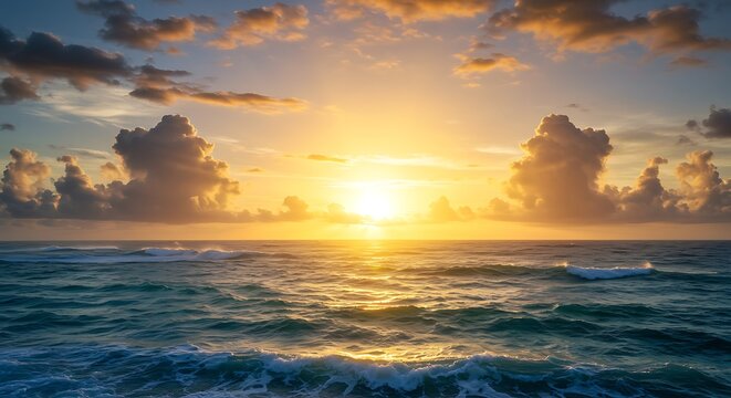 Golden sunrise over a calm ocean with dramatic clouds