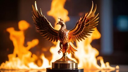 Golden award trophy against fire