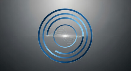 Abstract blue concentric circles with a glowing light and subtle sine wave on a gradient grey background, representing technology, radar, and sound analysis