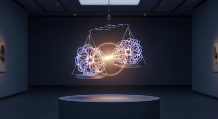 AI Ethics and Digital Law, balancing artificial intelligence algorithms on the scales of justice. Concept of future technology, data bias, and legal regulation of machine learning.