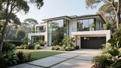 Fototapeta premium Modern Luxury House with Large Glass Windows and Contemporary Design in Green Garden Setting