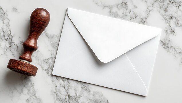 Vintage wax seal stamp and white envelope on marble surface