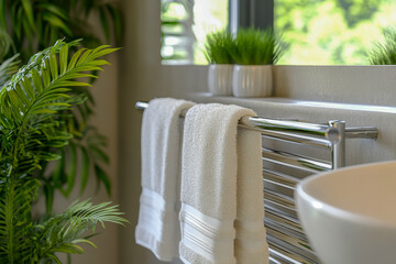 Bright and serene bathroom showcases fluffy towels on a heated towel rail with vibrant plants and sunlight filtering through the window
