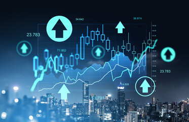 Rising financial graph with upward arrows over city skyline showing investment and stock market growth concept in futuristic digital style.