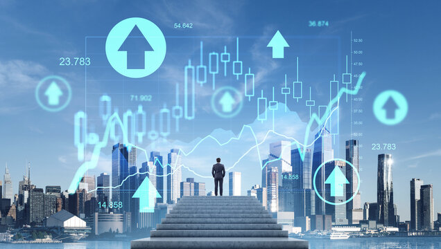 Businessman looks at digital financial growth charts overlaying New York Hudson Yards skyline, symbolizing investment and success concept.