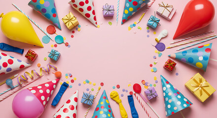 Obraz premium Colorful Party Supplies Frame on Pink Background