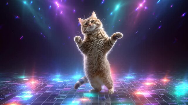 A cute, striped cat stands on its hind legs, dancing in a dynamic and vibrant setting filled with colorful neon lights and glowing lasers.