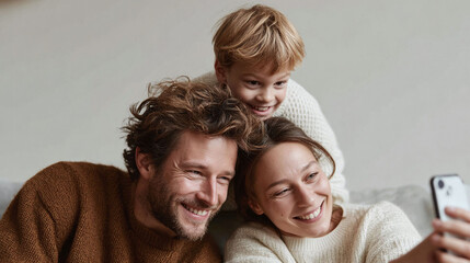 Fototapeta premium Joyful family portrait Smiling mother, father, and child taking a selfie, showcasing connection and love. Ideal for family, lifestyle, or togetherness themed projects.