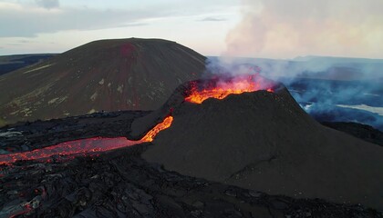 A dramatic aerial view captures molten lava flowing from a volcanic crater, showcasing the earth's fiery power.