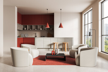 Modern minimalist living room and kitchen interior design with red accents, soft neutral chairs, and panoramic city view windows. 3D Rendering