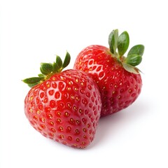 Two ripe red strawberries, slightly overlapping, against a pure white background.  Fresh, vibrant berries with green leafy tops
