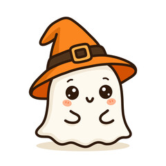 Cute Hand Drawn Halloween Ghost with Witch Hat Cartoon Illustration