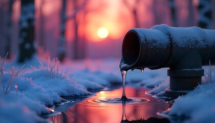 Frozen landscape with water dripping from a pipe on winter sunset background