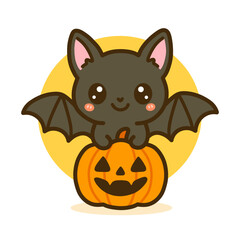 Cute Cartoon Style Bat on Pumpkin for Halloween Celebration Illustration