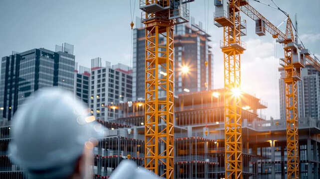 A construction worker wearing a white hard hat stands at a large urban site. Multiple cranes rise into the sky, with the setting sun casting a warm, orange glow.