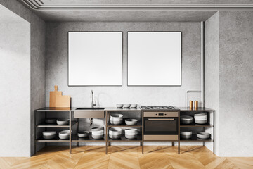 Unfinished concrete kitchen interior with open shelving, modern stove, blank square frames, and minimalist urban home concept mockup displayed. 3D Rendering
