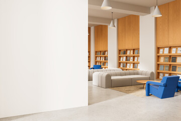 Modern interior with blank wall mockup and cozy lounge seating in stylish reading area with wooden shelves and minimal pendant lighting fixtures. 3D Rendering