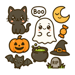 Cute Kawaii Style Halloween Element Set with Cat Ghost and Pumpkin