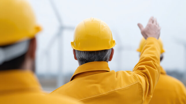 Group of engineers with yellow helmets working at wind farm, discussing renewable energy project with enthusiasm and teamwork