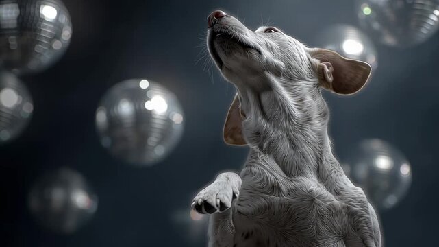 A small, white dog dances joyfully among a flurry of shining disco balls in a dark, atmospheric setting.