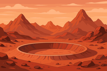 Red planet Martian landscape background. Vector cartoon illustration of Mars surface with mountains, valley, and crater. Concept for space exploration, sci-fi, futuristic travel.