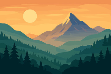 Mountain landscape vector illustration. Scenic view with mountain peaks, forest, and sun. Concept for travel, adventure, hiking, outdoors. Flat minimalist nature background.