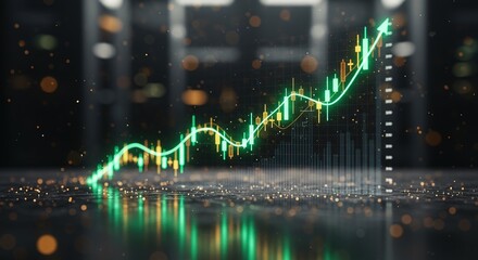 Dynamic glowing green stock market graph ascends, symbolizing financial growth and positive economic trends with bokeh lights.