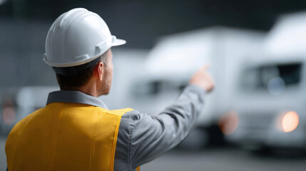 Male engineer in safety vest and helmet pointing at truck in warehouse with focused expression